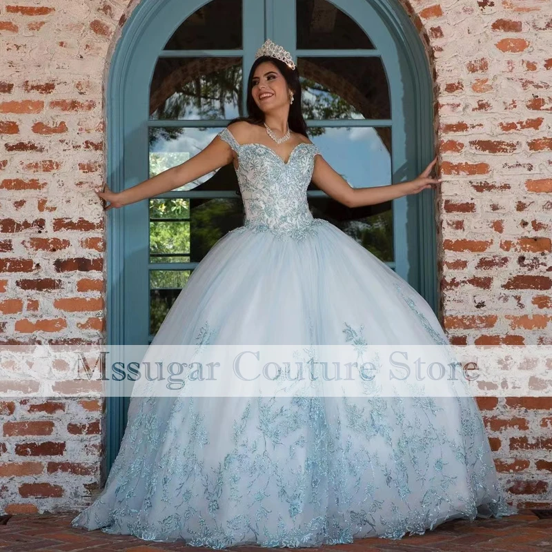 2021 Blue Princess Lace Quinceanera Dress Ball Gown Appliques Off Shoulder Sweet 16 Celebrity Dress Vestidos De Quinceañera