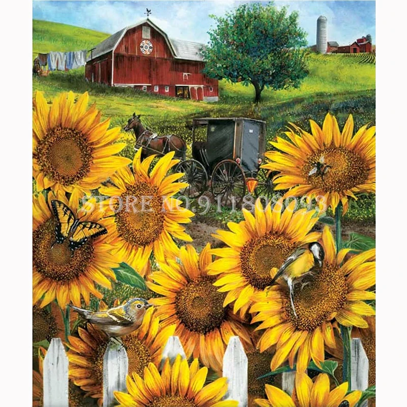 Full Drill Diamond Painting Sunflower Fence Diamond Embroidery Cross Stitch Rhinestones Mosaic Art Handmade Modern Wall Decor