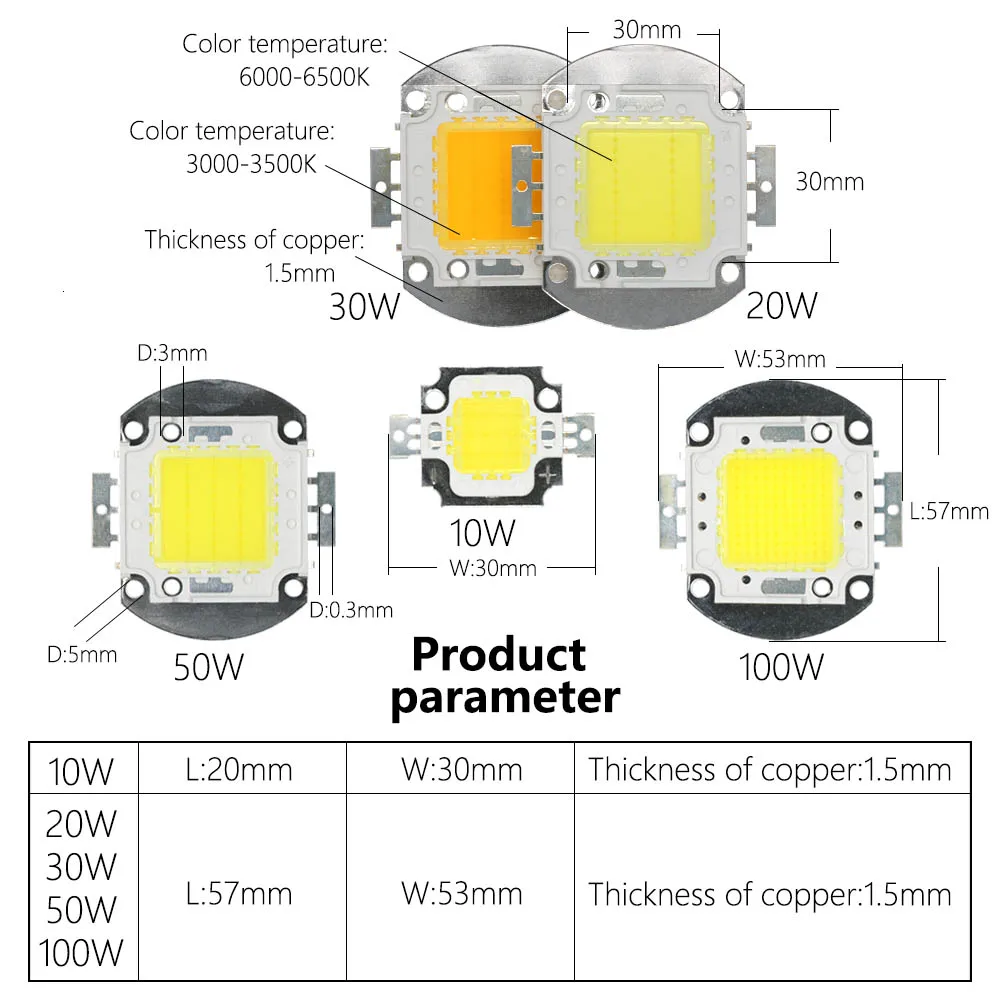 LED Chips Diode SMD 10W 20W 30W 50W 100W DC12-14V DC30-32V High Power 35mil Copper LED Integrated Light Source Light Floodlight