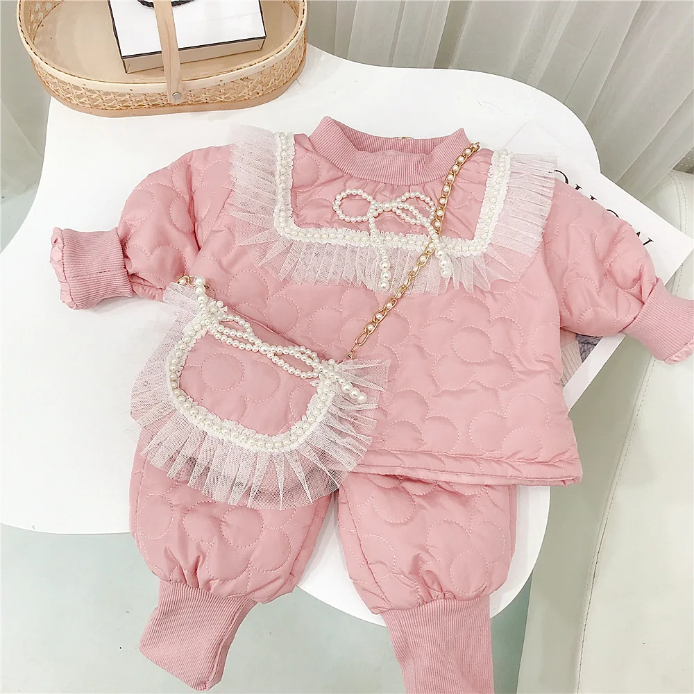 Fashion Baby Girls Pearls Beading Lace Pullover Outwear Coats+Pants 2Pcs Autumn Winter Children Clothing Sets Kids Warm Snowsuit