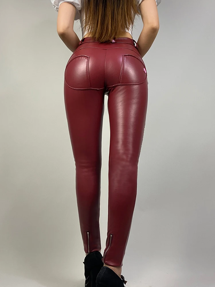 Shascullfites Melody หนัง Moto กางเกงสตรี Buttoned Casual เคลือบ Pu กางเกง Burgundy กางเกงขากางเกงซิป