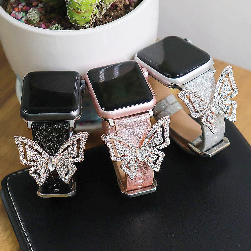 Glitter Butterfly Leather Strap For Apple Watch Band Series 1 2 3 4 5 6 SE Diamond Bracelet For 38 40 42 44mm iWatch Wristband