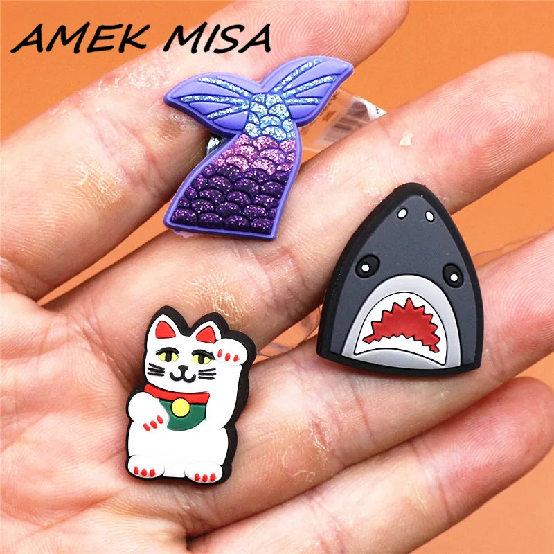 1pcs Original Shoe Charms Accessories Decorations Cute Lucky Cat Mermaid Shark PVC Buckle for Kids Party Xmas Gifts U178