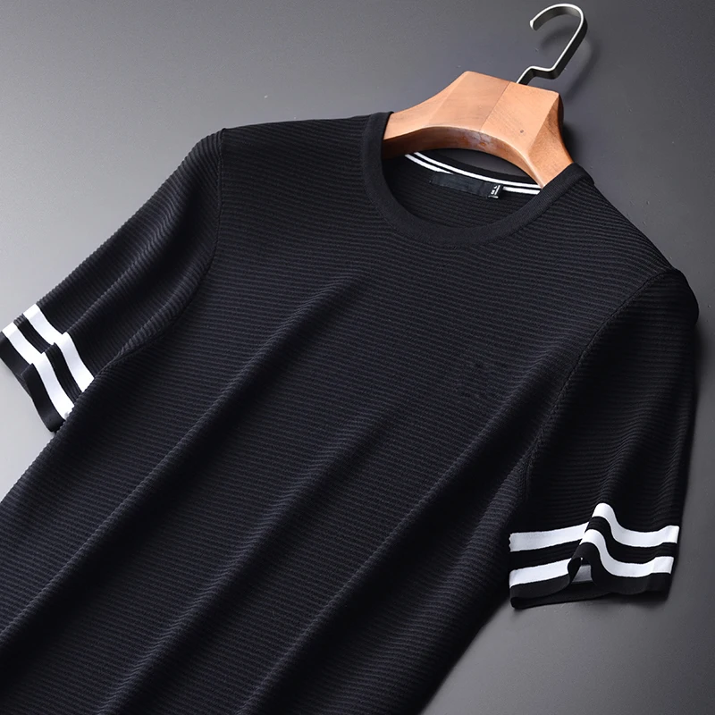 Mens T-shirts Luxury Knitted Stripe Round Collar Men Plus Size 4xl Summer Short Sleeve Elastic Fabric Man T-shirt