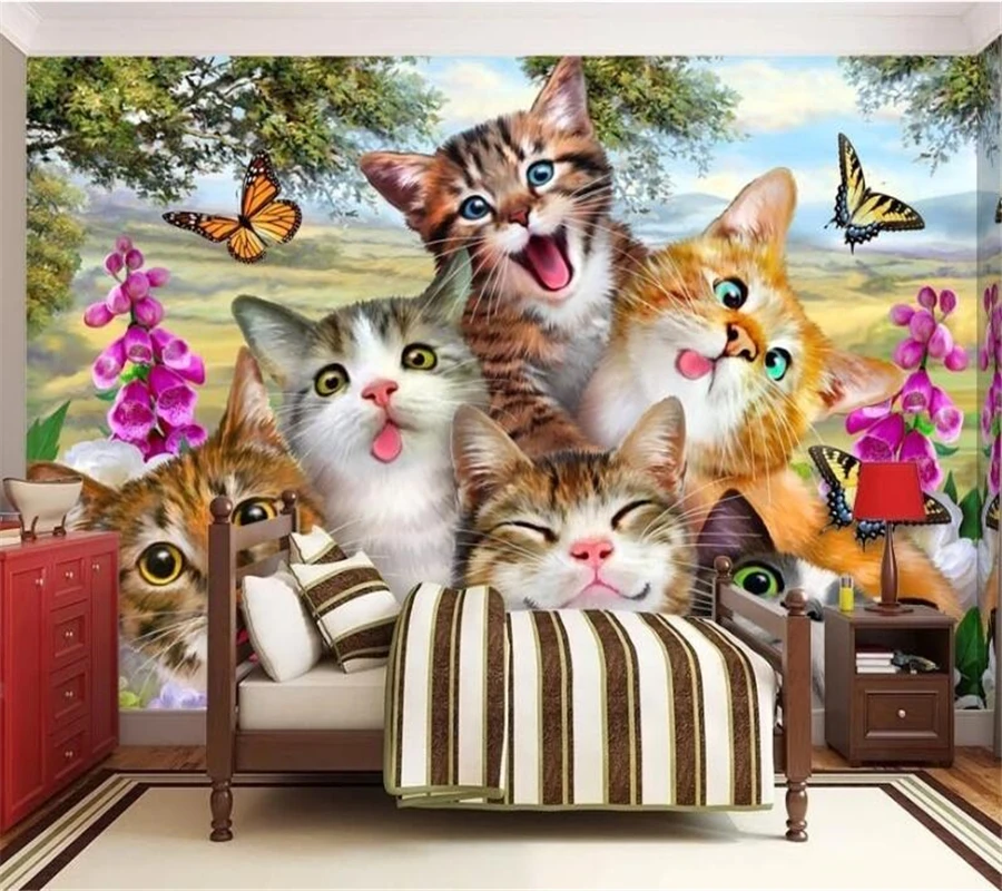 wellyu Customized large wall painter with cute cartoon grass on a group of cat selfies like children's room wall