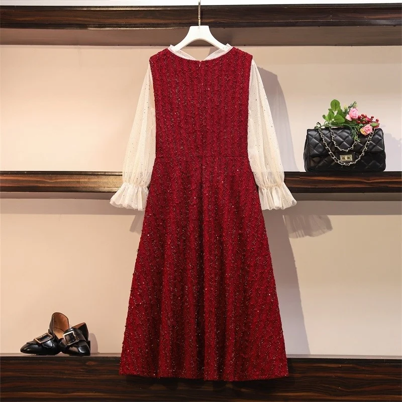 

2022 Spring New Loose Red Bow Puff Sleeve Mid-Calf Long Dress Plus Size Elegant Dress Long Sleeve Casual Party Sequined Dresses