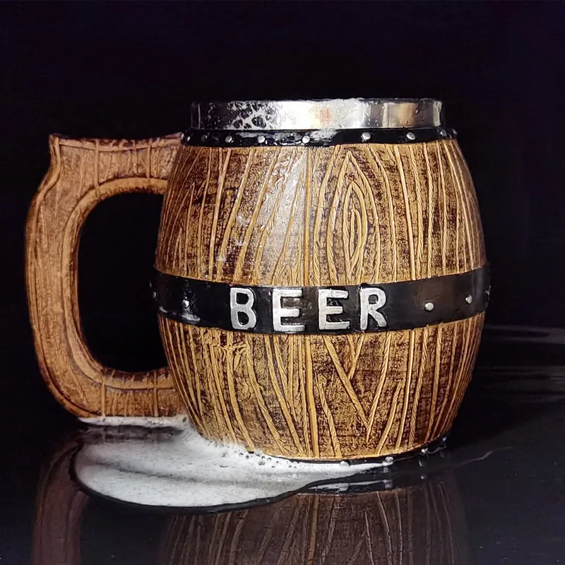 580ML Oak Barrel Style Beer Mug Simulation Wooden Barrel Beer Cup Double Wall Drinking Mug Metal Insulated as Christmas Gift