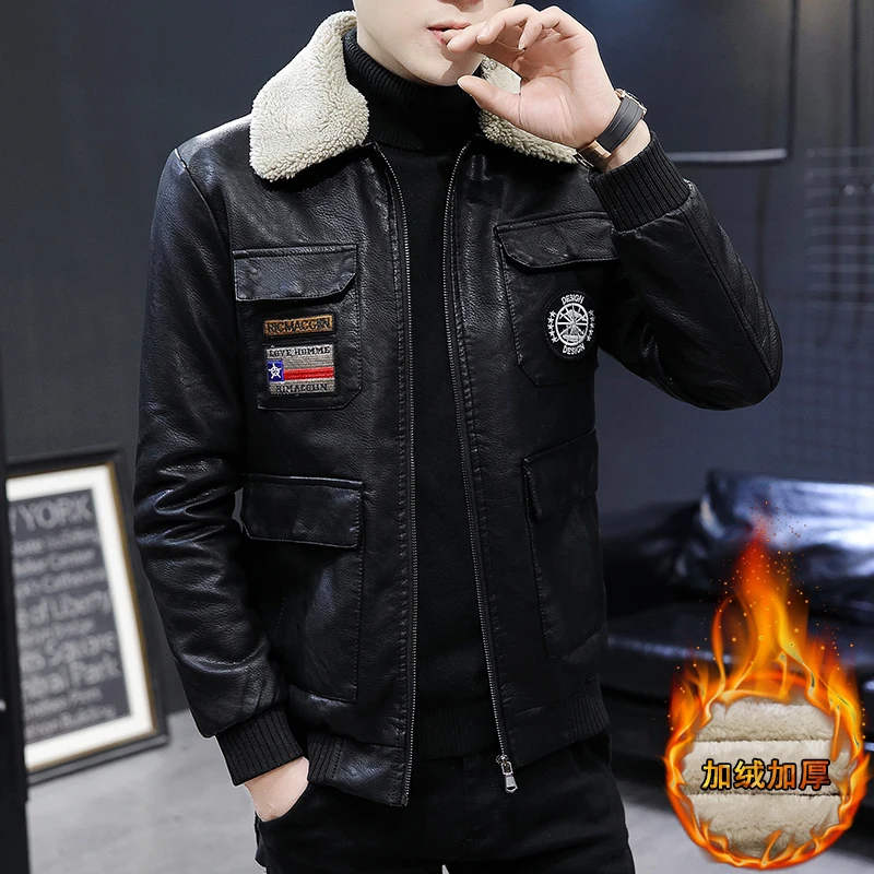 2021 Men Winter Leather Jacket Motorcycle Coat Lining With Velvet Stand Collar Air Force Casual Faux PU BlackWindbreaker S-4XL