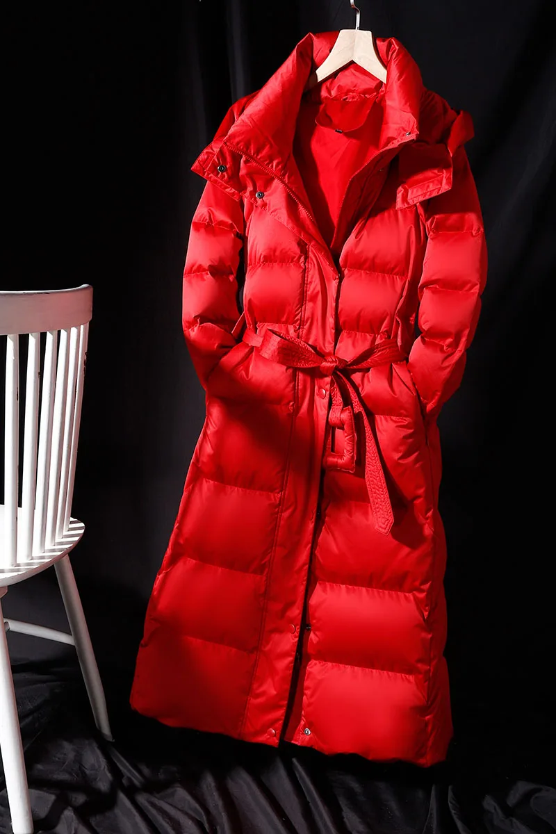 Plus size women\'s winter down jacket puffer keep warm 10XL big size black red white hood belt fashion coat