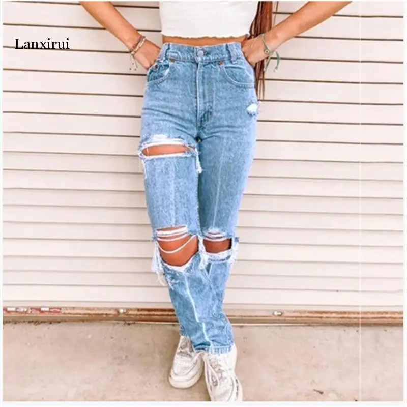 

Straight Hole Jeans Women Pockets Button High Waist Street Casual Long Pants Female Summer Solid Loose Fashion Trousers