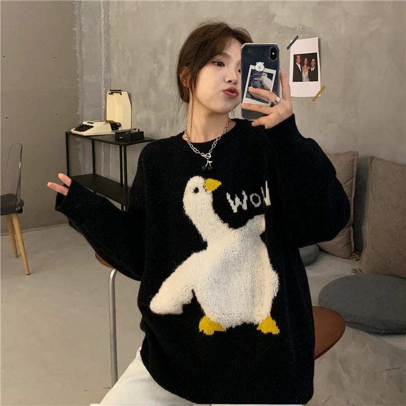 Knitted Sweater Women Fashion Casual Korean O Neck Long Sleeve Oversize Pullover Pull Plus Size Sweet Cartoon Goose Print Loose