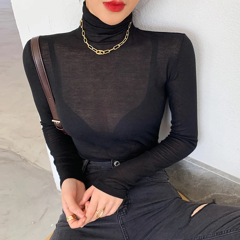 New Basic Turtleneck Long Sleeve Women T-shirt Autumn Winter Long Sleeve Slim Stretch Tops Ladies Sexy All-match Tees