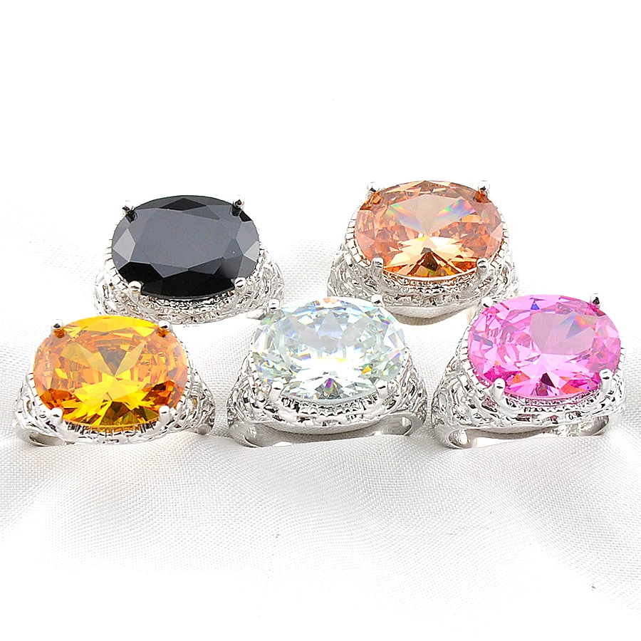 

MIX 5 Pieces Big Offer Oval White Pink Topaz Black Onyx Citrine Morganite Silver Rings Mix Size 7 8 9