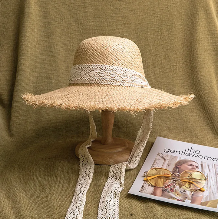 New breathable straw hat for women Korea style Lace ribbon tassel sun hat Large brim raffia panama for holiday beach party