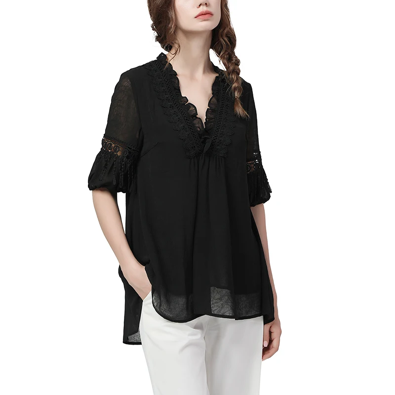 Lantern Sleeve Loose Casual Women\' Black Chiffon Blouse Lace Appliques V-Neck Hollow Out Ladies Tops Plus Size Mid-Length Shirt