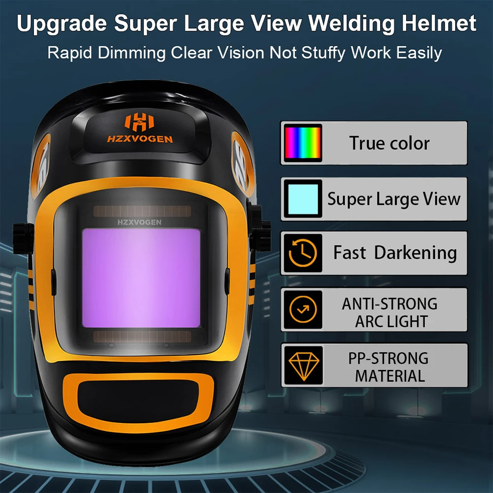 HZXVOGEN Solar Powered Auto Darkening Welding Helmet, grande tela de visualização, 4 ARC Sensor, sombra larga para máscara de soldador TIG MIG