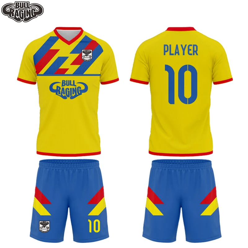 

Yellow Red Color Designg Custom Football Uniform Jersey Shorts Men Women Kids Size Made Your Team Sorry Training Sets