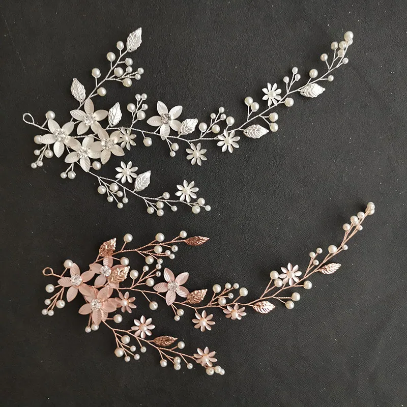 

SLBRIDAL Handmade 3 Colors Alloy Flower Leaf Pearls Bridal Headband Hair Vine Wedding Hair accessories Women Girls Hair Jewelry