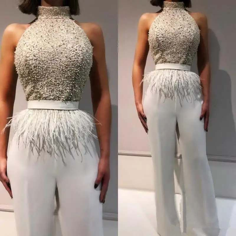 

High Neck Jumpsuit Evening Dresses with Feather Beaded Lace Top African Black Girl Prom Pant Suit vestido de fiesta de boda