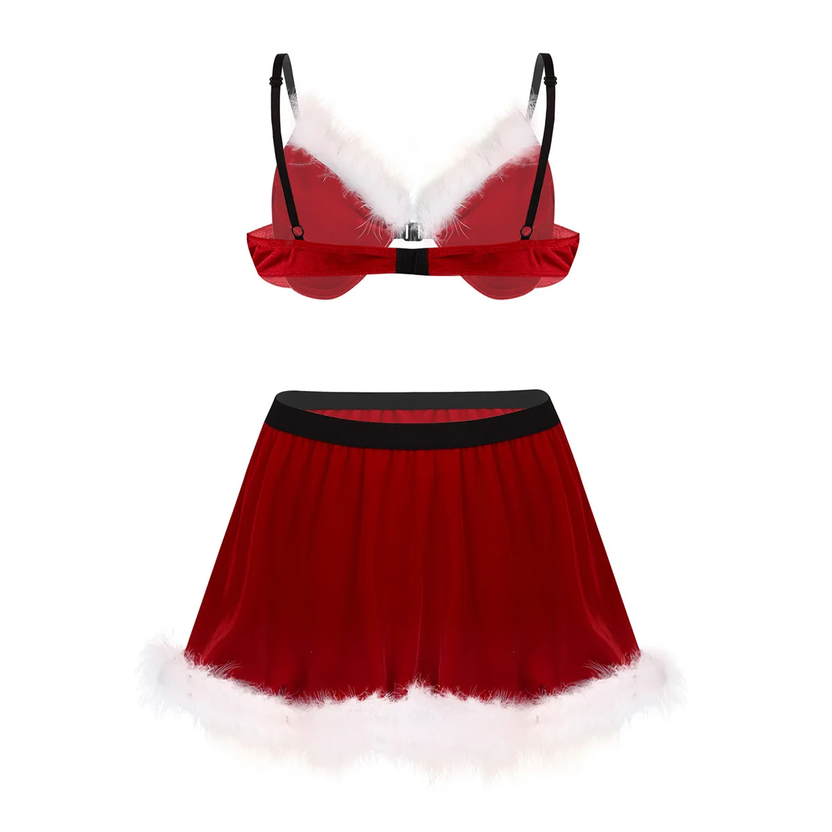 2Pcs Men Adults Soft Velvet Feathered Sissy Christmas Santa Costume Set Bra Top with Elastic Waistband Short Skirt for Cosplay