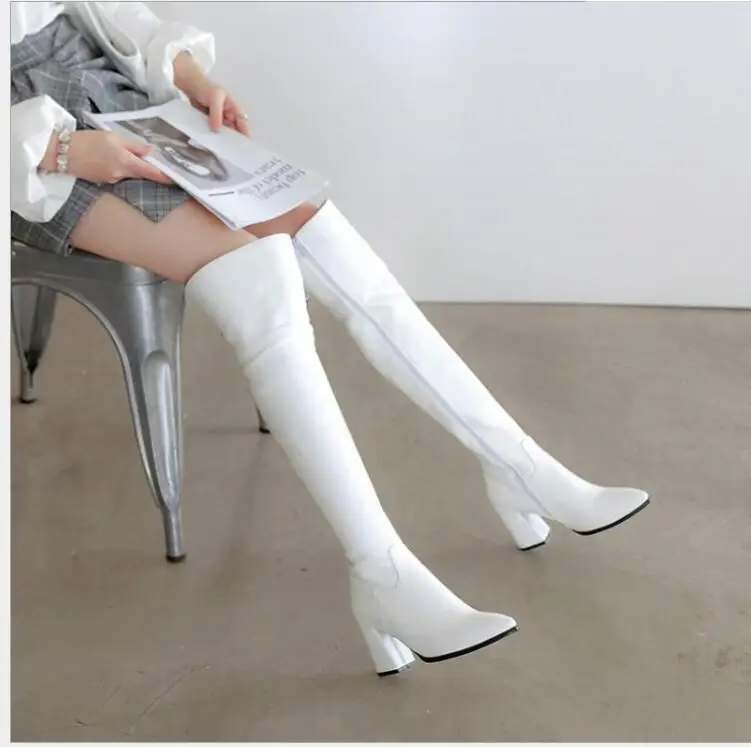 New Sexy White high long boots High over the knee boots Fahion women side zipper soft leather autumn winter Knight boots Large