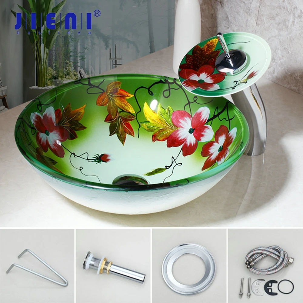 JIENI Chrome Waterfall Basin Tap+Bathroom Sink Washbasin Glass Hand-Painted Lavatory Sink Combine Set Flower Painting Basin Bowl