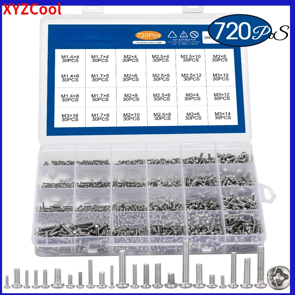 720pcs/set Cross Recessed Round Pan Head Laptop Screws Set M1.4 M1.7 M2 M2.5 M3 Carbon Steel Machine Screw Assortment Kit