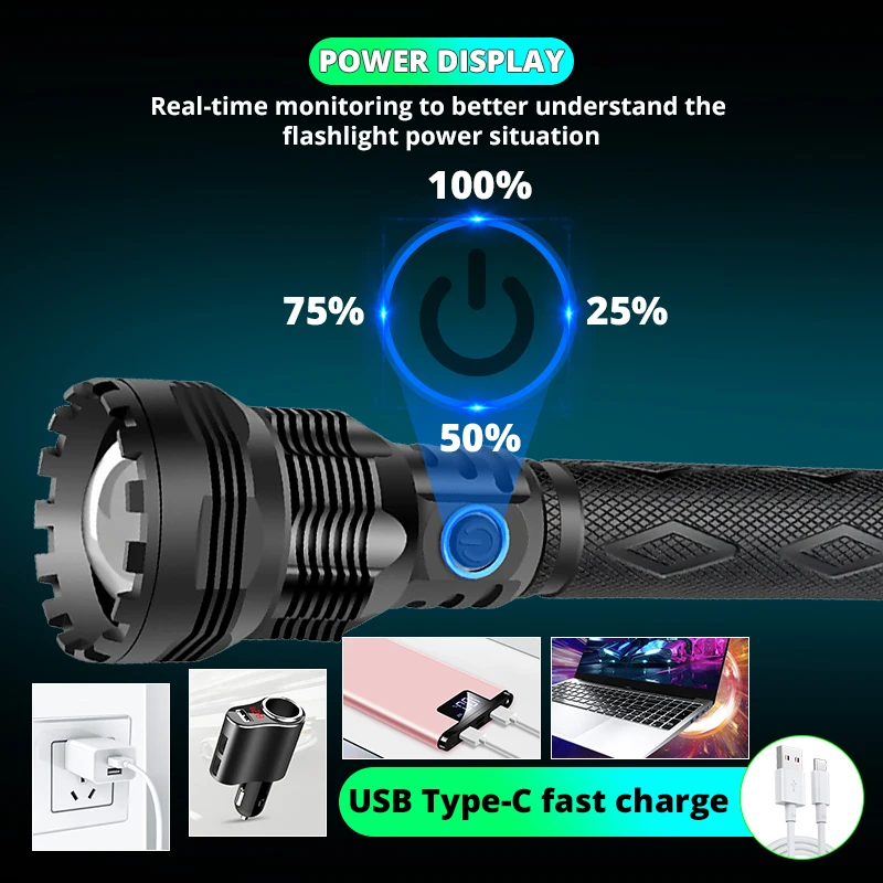 Super Powerful XHP90 LED Flashlights Zoom Torch XHP70 USB Rechargeable Lantern Waterproof Lamp Use 18650/26650 Camping Outerdoor