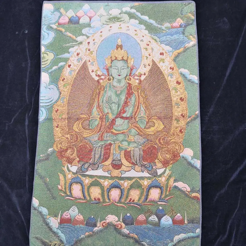 

35"Thangka Embroidery Tibetan Buddhism silk Embroidery brocade Green Tara Guanyin Bodhisattva Thangkas Wall hanging