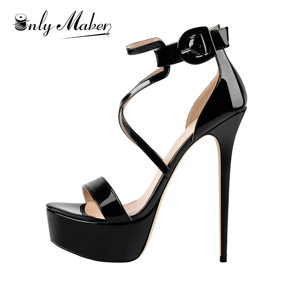 

Onlymaker Open Toe Platform Stiletto Ankle Strap Crisscross Sandals Sexy Black Patent Leather Heels Women Plus Size Sandals