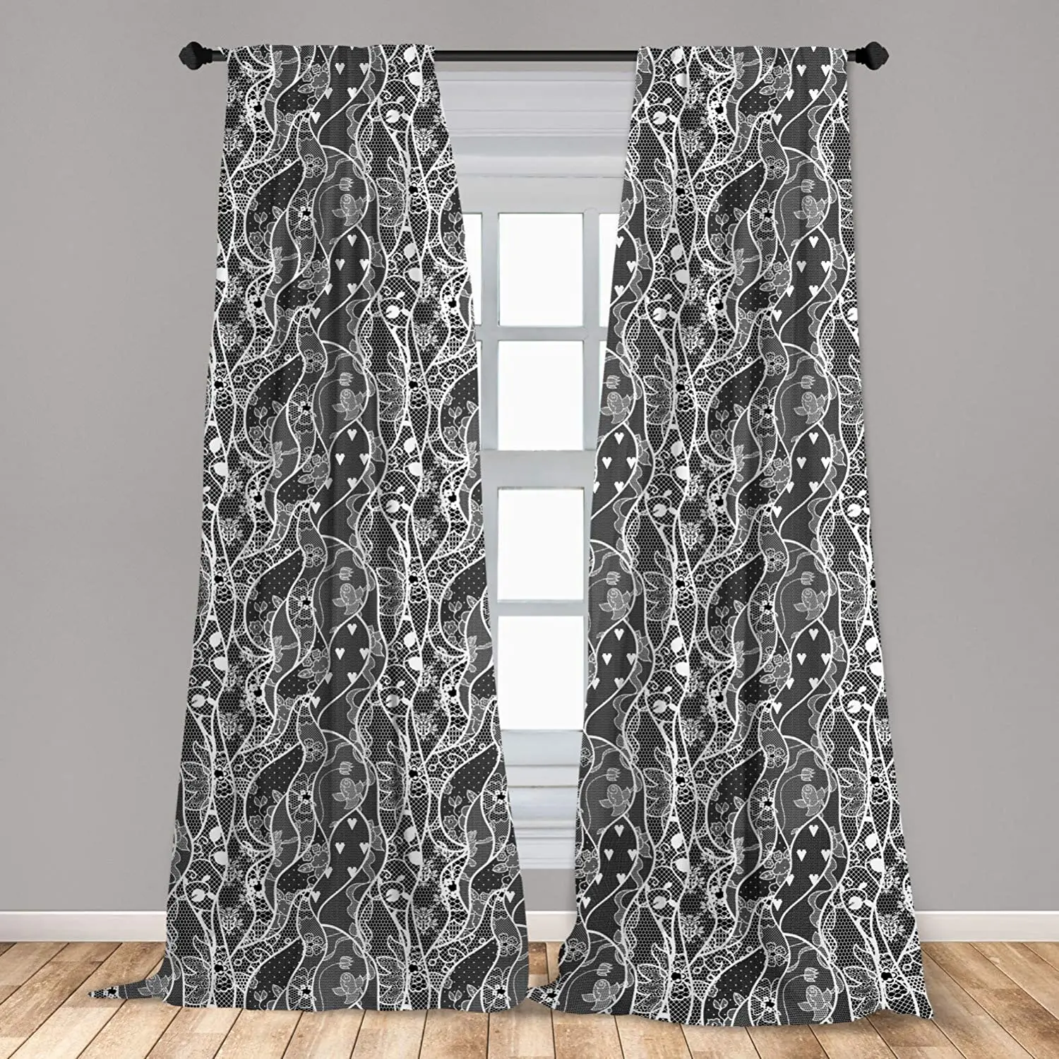 Gothic Window Curtains Vintage Royal Composition with Rose Flowers and Hearts Valentines Day Lightweight Decorative