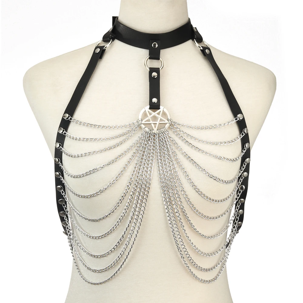 Goth Body Harness Chain Faux Leather Chest Chains Top Punk Fashion Festival Rave  Body Jewelry Gothic  Accessories