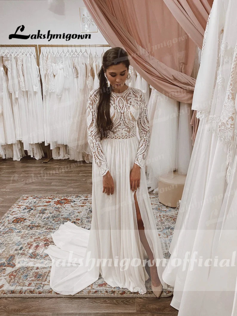 Lakshmigown-Bohemian Lace Chiffon Vestido de Noiva, Hippie Vestido com Manga Comprida, Casamento Robe, Bohemian