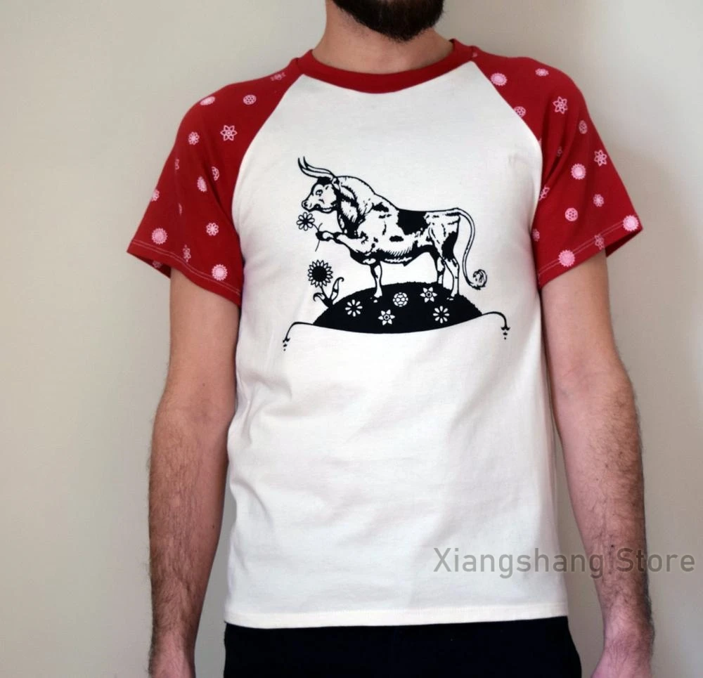 Ferdinand camiseta tela impressa algodão orgânico roupas unisex camisa vermelho e branco flores ferdinand o touro