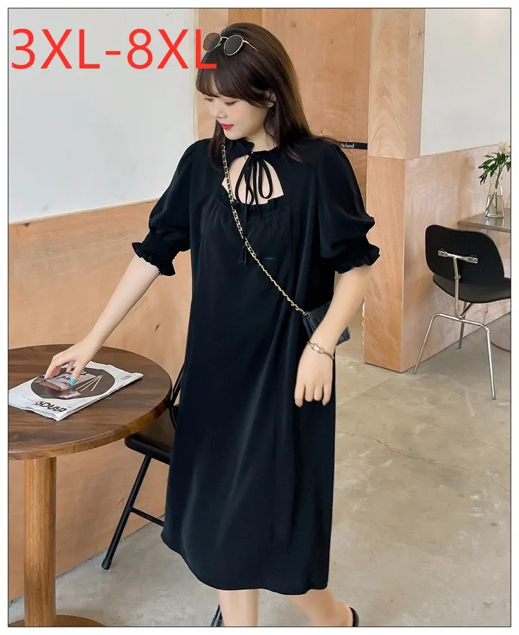 

New 2021 Ladies Summer Plus Size Midi Dress For Women Large Short Sleeve Loose Black Elegant Bow Dress 3XL 4XL 5XL 6XL 7XL 8XL