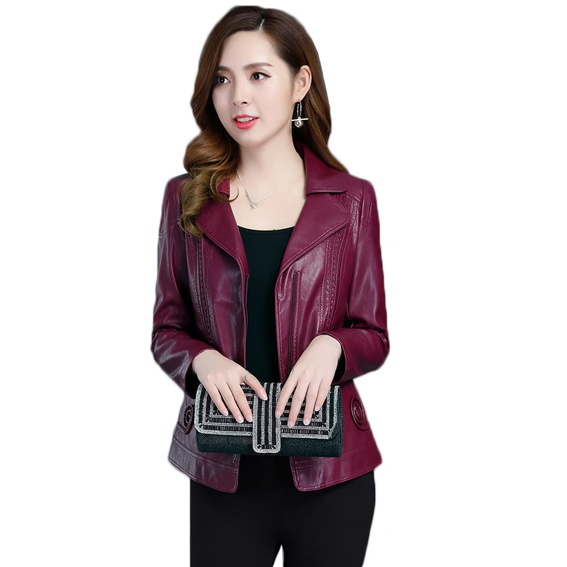 Women Clothing L-6XL Autumn Winter Middle Aged Women\'s PU Leather Jacket Coat Ladies Faux Leather Jacket Red Biker Jacket