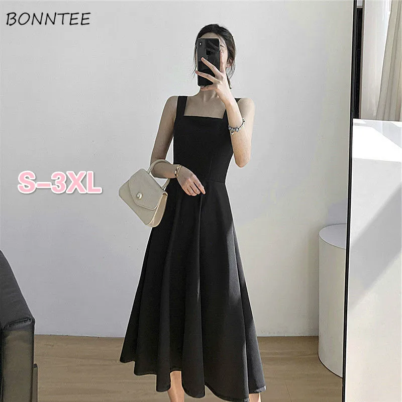 Women Sleeveless Dress Plus Size 3XL Solid Elegant Slim High Waist Retro Spaghetti Strap Backless Female Sexy Daily Streetwear