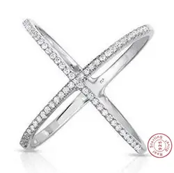 high quality rhodium rose gold authentic 925 sterling silver wide band X ring micro pave zircon criss cross ring for women