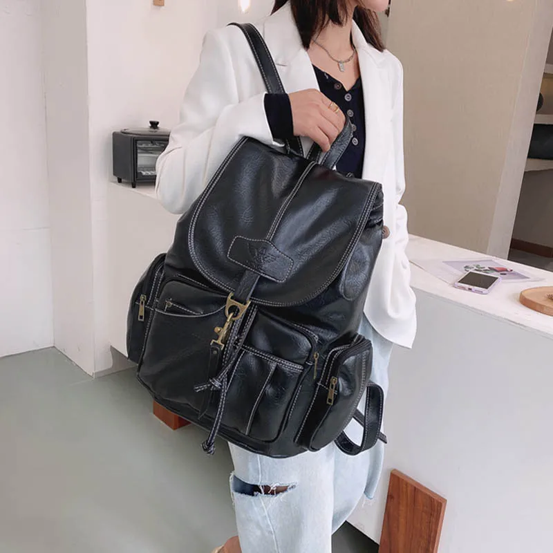 Vintage Women Backpack For Teenage Girls School Bags Fashion Backpacks Retro Leather Black Drawstring Large BagPack XA150H