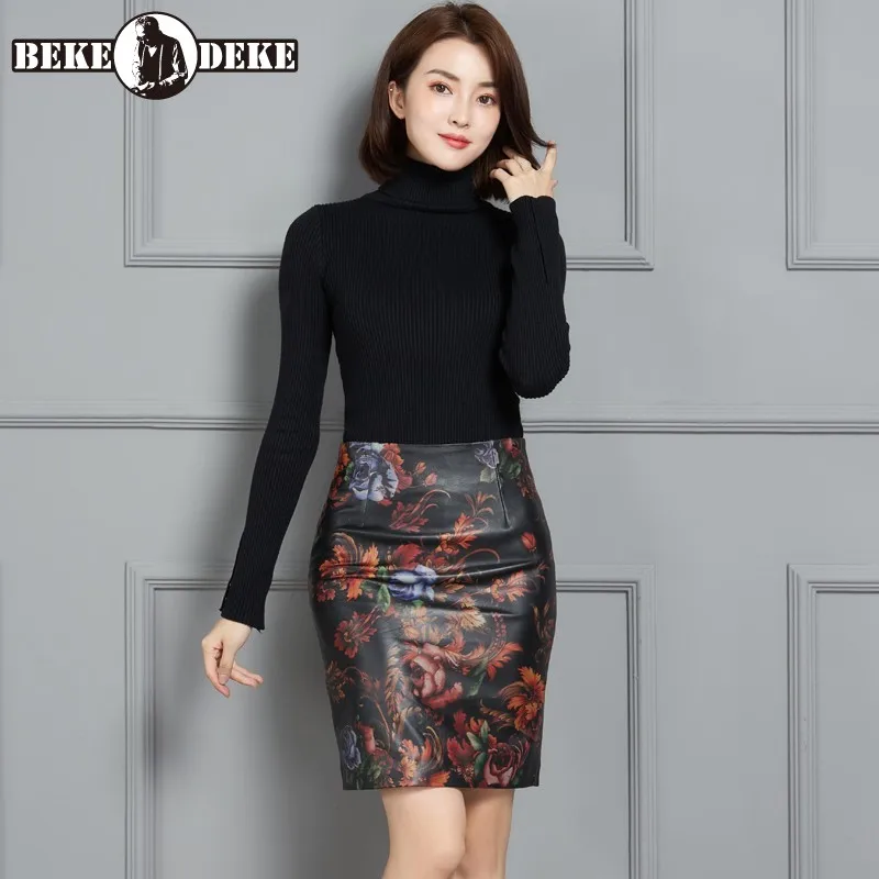 Office Lady Casual Elegant Genuine Leather Skirt Womens New Sheepskin High Waist Print Zippers Korean Style Fashion Skirt