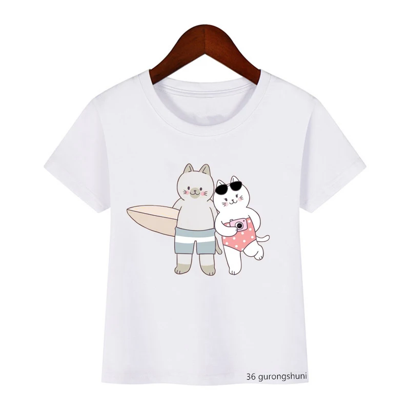 

Love Funny Travel Cat Beach Graphic Print Kawaii Girls T-shirt Kids Clothes Summer Fashion Casual Boys T Shirt Tops Wholesale