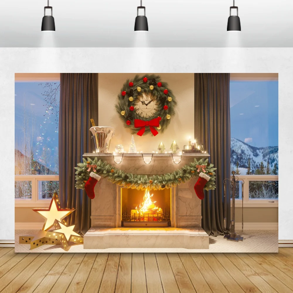 Laeacco Old Stone Fireplace Fire Merry Christmas Tree Sock Gift Wreath Party Baby Child Portrait Photo Background Photo Backdrop