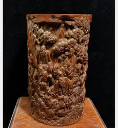 Antique wood carvings retro Eighteen Arhat relief pen holder brush pot decorations stationery supply Home Desktop decoration