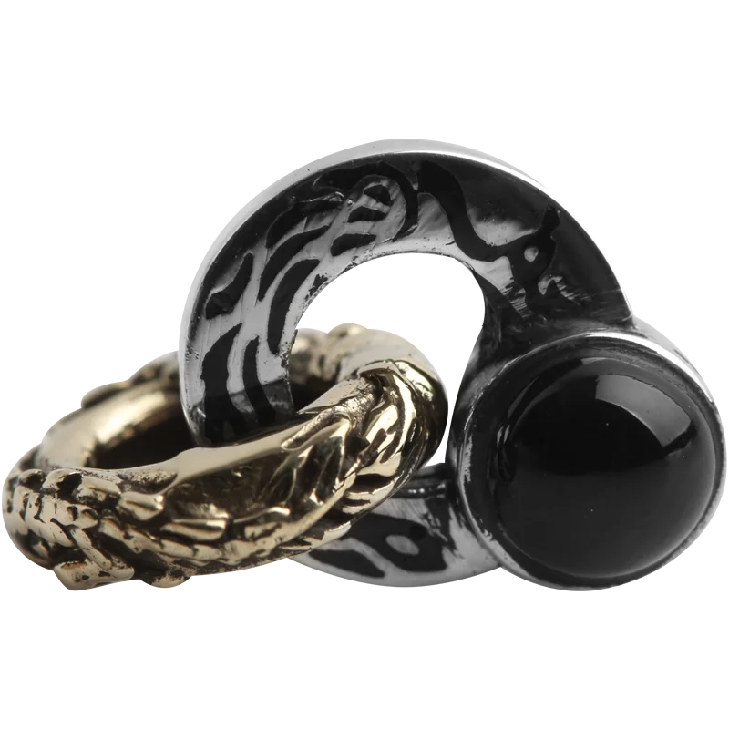 Ruibeila Rétro S925 Thai Argent Paon Totem Dragon Anneau Agate Noire Pierre Noire Boucle D'oreille Personnalité Homme Unique