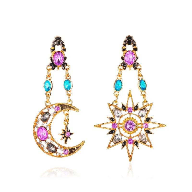 New Vintage Star Moon Asymmetric Long Dangle Earrings For Women Exaggerate Colorful Crystal Sun Earring Trend Party Jewelry Gift
