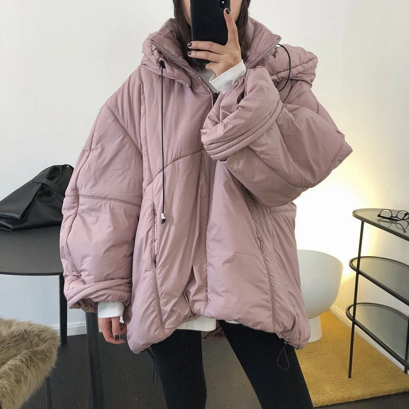 2021 Winter New Oversize Heavy Hooded Loose Cotton Jacket For Women's Thicken Bread Splicing Solid Color All Match Warm Coat