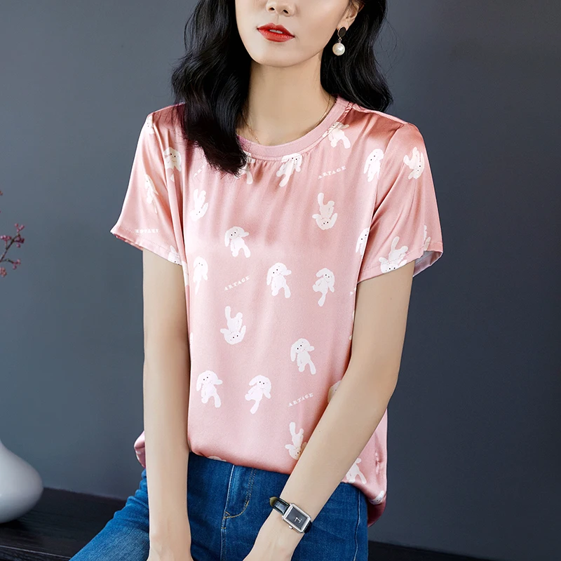 

2024 Summer Natural Silk Women Pink Tees Tops Fashion O-neck Short Sleeve Print Tee-shirts Real Slik Loose Casual Female T-shirt