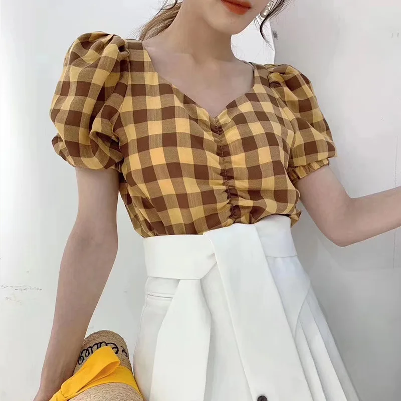 Vintage Plaid Blouses Shirt Vrouwen 2020 Kleur Blok Casual Cool Elegante Bladerdeeg Mouw V-hals Chic Korte Blouse Tops Vrouwelijke blusas