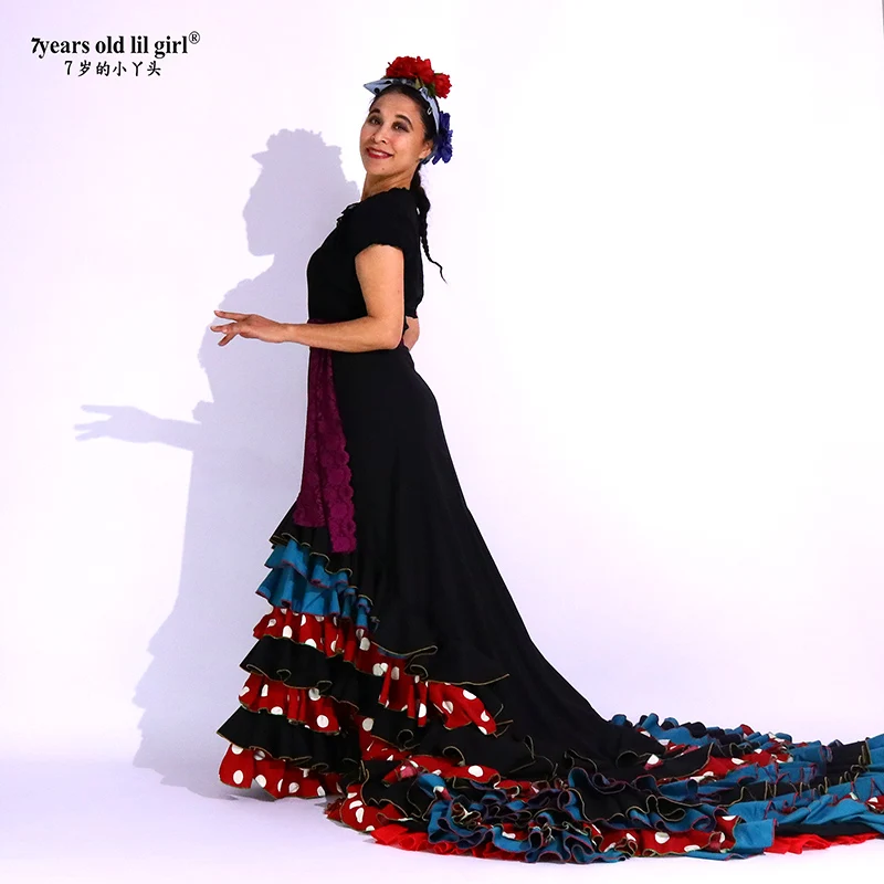 Girls Spanish Dress Flamenco Cotton Women Ballroom Waltz Dance Costumes Foxtrot Wear CWQ10