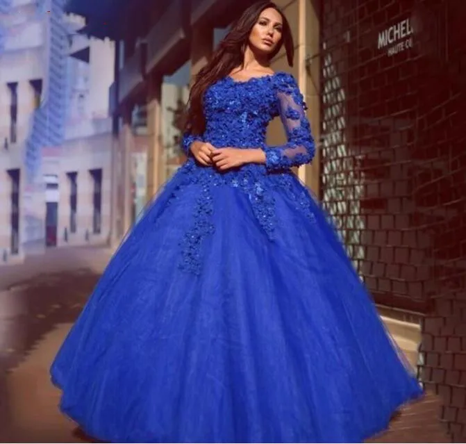 Azul royal renda quinceanera vestidos de baile manga longa tule baile debutante dezesseis 15 doce 16 vestido